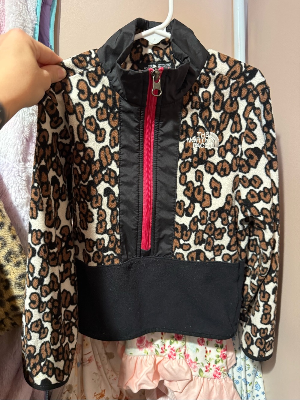 The North Face Leopard Print Fleece Pullover with Black Panels and Pink Zipper